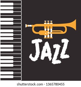 jazz day poster with piano keyboard and trumpet