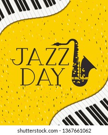 jazz day poster with piano keyboard and saxophone