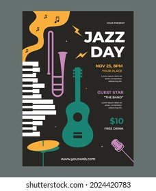 Jazz day poster template vector with flat design