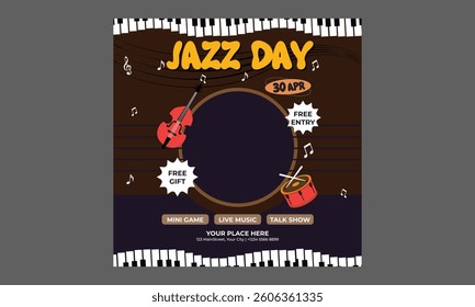 Jazz Day Socials Media. Music festival.Vector illustrations of musicians, people and musical instruments: drums, cello, synthesizer, tape recorder for poster, flyer or background
