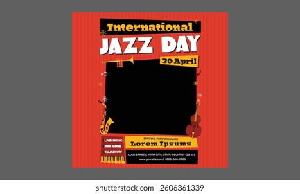 Jazz Day Socials Media. Music festival.Vector illustrations of musicians, people and musical instruments: drums, cello, synthesizer, tape recorder for poster, flyer or background
