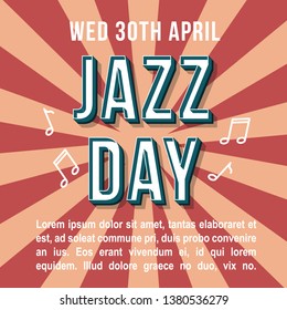 Jazz day vintage 3d vector lettering. Retro bold font. Pop art stylized text. Old school style letters. 90s, 80s concert promo poster, banner typography design. Soft pink comics rays color background 