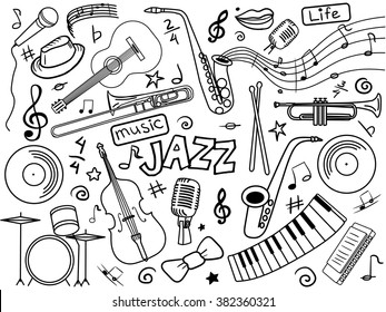 Jazz design colorless set vector illustration. Coloring book. Black and white line art. Coloring book for adults