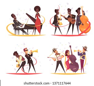 Jazz design concept with cartoon characters of musicians on stage with instruments and note silhouettes vector illustration