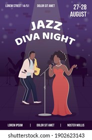 Jazz diva night poster flat vector template. Special evening perfomance. Brochure, booklet one page concept design with cartoon characters. Traditional fancy songs playlist flyer, leaflet