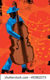 Jazz double bass player
A double bass player in front of music notes over a decorative background. 
