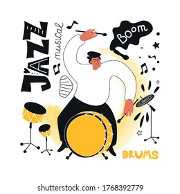 Jazz drummer with a drum kit. Jazz festival. Vector illustration of musical style