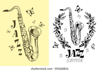 Jazz emblem with a saxophone. Isolated vector illustration. Design element for the create of the label, brochures, posters 