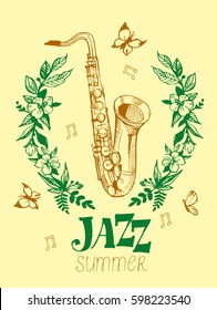 Jazz emblem with a saxophone. Isolated vector illustration. Design element for the create of the label, brochures, posters 