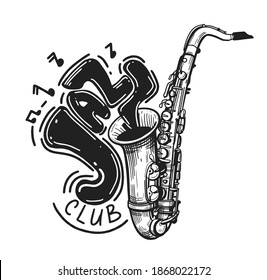 Jazz emblem with saxophone, logo design. Jazz club. Outline vector illustration