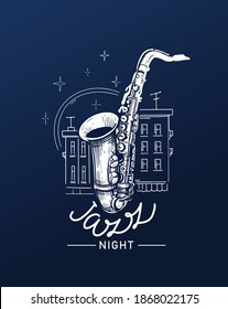 Jazz emblem with saxophone, logo design. Jazz club. Outline vector illustration