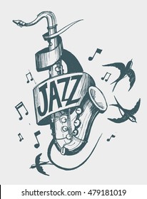 Jazz emblem with a saxophone and swallows. Vector illusrtation