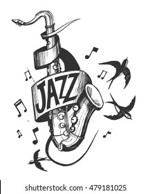 Emblema de jazz con saxofón y traga. Ilustración vectorial