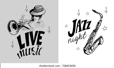 Jazz-Emblem mit Saxophon, Trompeter.Einzelne Vektorillustration-Illustration. Design-Element zum Erstellen des Etiketts, der Broschüren, Poster 