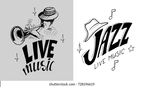 Jazz emblem with a trumpeter musician. Isolated vector illustration. Design element for the create of the label, brochures, posters