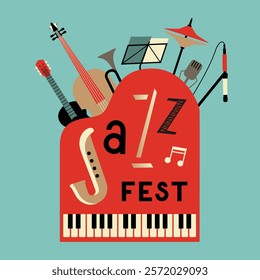 Jazz Fest Colorful Minimalist Design vector icon. Musical instruments simple shapes set in retro colors cartoon vintage style illustration. Jazz music festival live event performance background