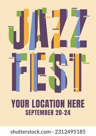 Afiche tipográfico creativo del Festival de Jazz. Publicidad de la actuación musical. Ilustración plana del vector