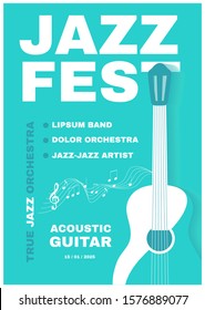 Jazz fest. Live music poster template. Concert flye with acoustic guitar.