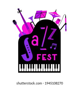 Jazz Fest Musical instruments bright neon color vector icon. Live music jazz festival cartoon design element. Vintage musical instrument emblem template. Concert advertisement background illustration