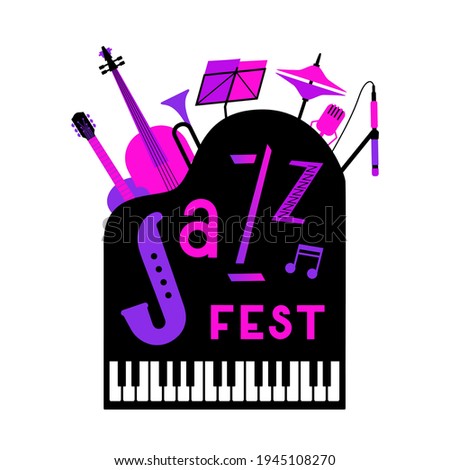 Jazz Fest Musical instruments bright neon color vector icon. Live music jazz festival cartoon design element. Vintage musical instrument emblem template. Concert advertisement background illustration