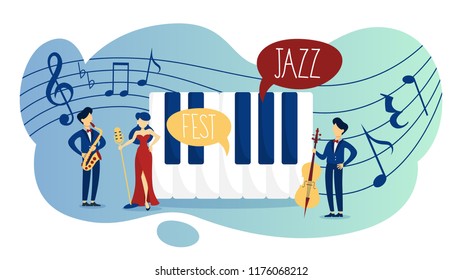 Jazz festival and acoustic live music event poster with speech bubbles. Concert invitation. Isolated flat vector illustration