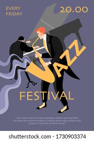 Jazz festival banner with saxophonist and pianist on a dark blue background.  Vector illustration in a flat style. 