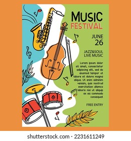 JAZZ FESTIVAL BANNER Vertical Musical Concert Poster With Cello Saxophone And Drums Invitation Text On Abstract Colorful Background Hand Drawn Vector Sketch