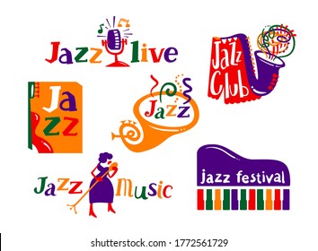 Jazz Festival Cartoon Icons Set. Live Music Concert Announcement, Creative Labels and Typography for Musical Club. Woman Singer with Microphone, Flyer, Saxophone or Piano Keyboard. Vector Illustration