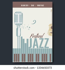 Jazz festival concert poster template design with vintage retro mike silhouette and piano keyboard and flower guitar. Vector illustration.