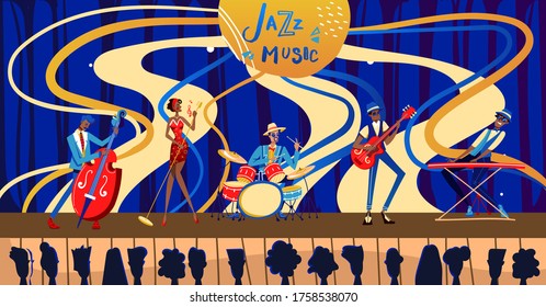 Ilustración vectorial del concierto del festival de Jazz. Caricatura de una banda de personajes de la música plana tocando música jazz en un concierto en directo por la noche en una discoteca para los fans, cantante cantante cantando afiches retro