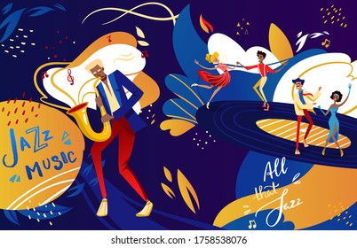 Jazz festival dance party vector illustration. Cartoon flat couple dancer people dancing to jazz music, musician man character playing saxophone, retro festive show in night club poster background