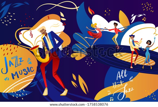 Jazz festival dance party vector illustration.\
Cartoon flat couple dancer people dancing to jazz music, musician\
man character playing saxophone, retro festive show in night club\
poster background