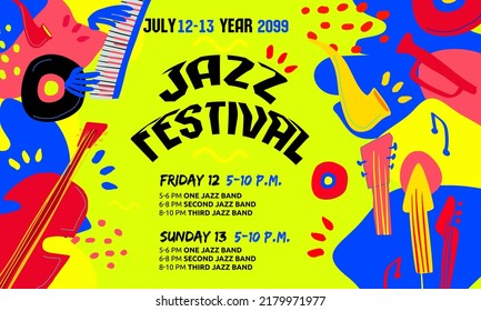 Jazz festival drawn flat vector web banner template. .Creative modern horisontal poster, banner,flyer with classic music instruments and text. Vector illustration for music events