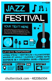 Jazz Festival (Flat Style Vector Illustration Quote Poster Design) Event Invitation with Venue, Artist, Ticket and Time Details