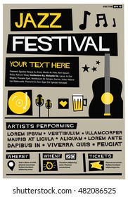Jazz Festival (Flat Style Vector Illustration Quote Poster Design) Event Invitation with Venue, Artist, Ticket and Time Details