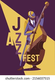 Jazz festival or flyer or poster party design template with musician with double bass, on purple background. Flat vector illustration