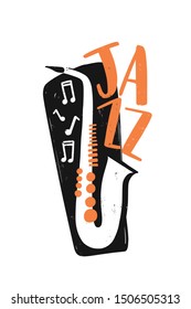 Jazz festival hand drawn illustration with typography. Saxophone, music notes and lettering composition. Wind instrument vector drawing. Saxophonist performance creative logo, design element.