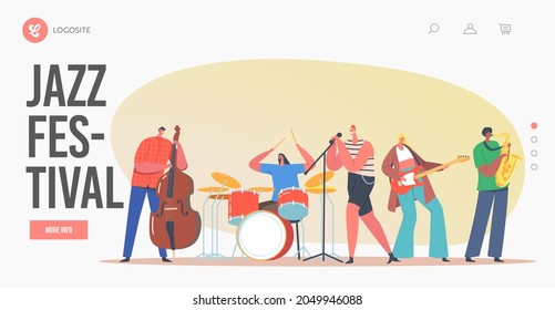 Jazz Festival Landing Page Template. Musikband auf der Bühne, das Konzert führt. Künstler Charaktere mit Musikinstrumenten Gitarre, Kontrabass und Sax Player begleiten. Vektorgrafik von Cartoon People