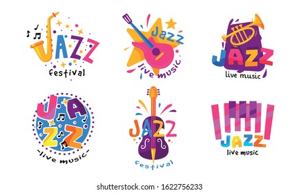 Jazz Festival or Live Concert Labels or Logos Vector Set