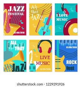 Jazz festival, live music concert poster, flyer, card template set. Vector flat illustration of musical instruments, music notes and accessories.