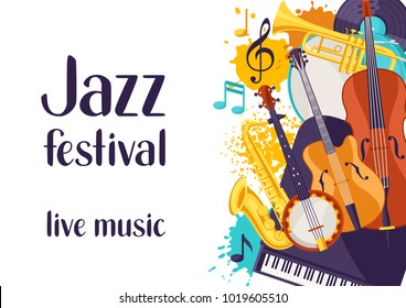 Jazz festival live music retro poster with musical instruments.