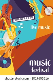 Jazz festival live music retro poster with musical instruments.