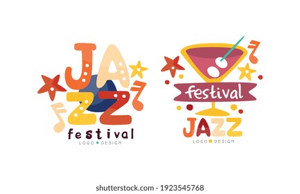 Jazz Festival Logo Design Set, Live Concert, Music Festival Colorful Badges Cartoon Vector Illustration