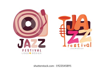 Juego de diseño de logotipos del Festival de Jazz, Ilustración de vectores de dibujos animados con etiquetas de eventos musicales