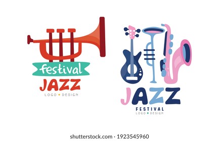 Colección de plantillas de logotipos del Festival de Jazz, concierto en vivo o evento musical. Ilustración de vectores de dibujos animados