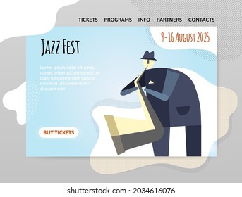 Jazz festival, music concert. A man playing the saxophone. Vector illustration, design template of website header, banner or poster.