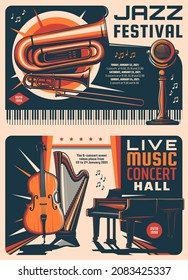 Afiches retro del festival de jazz y de conciertos musicales. Espectáculos musicales en directo, actuación en banda o carteles vintage vintage en salas de conciertos con piano de cola, arpa y contrabando, trombón, eufonio y micrófono