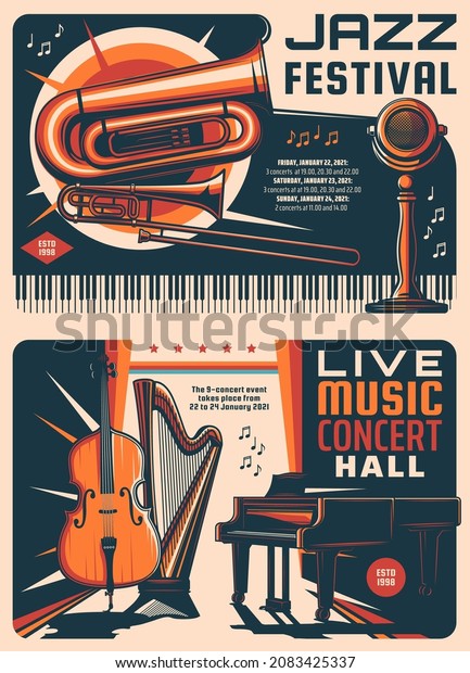 Jazz festival and music concert retro posters.\
Music live show, band performance or concert hall vector vintage\
banners with grand piano, harp and contrabass, trombone, euphonium\
and microphone
