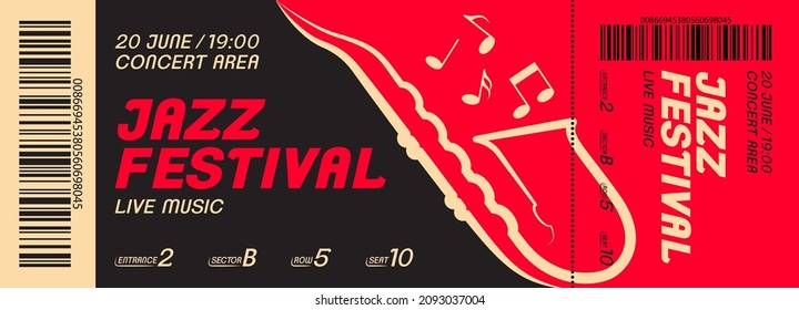 Jazz Festival, Music, Dance, party, Live Concert ticket template. Vector