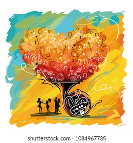 jazz festival, music and dancing, colorful illustration with musical instruments